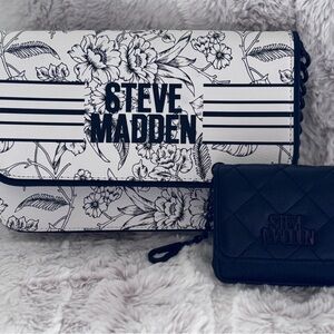 Steve Madden Black and White Floral Bag with Mini Wallet Set